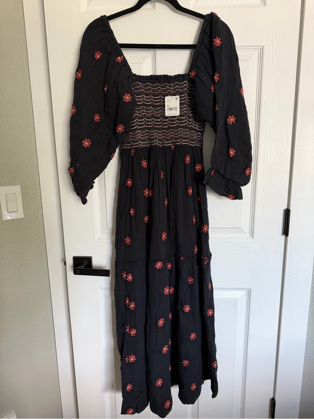 Free People Black Maxi Dress with Red Floral Embroidery